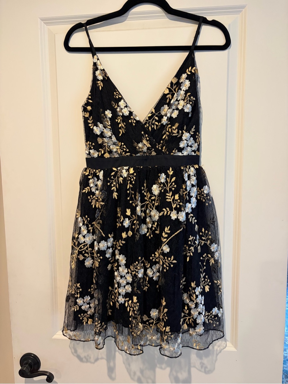 Express Black Mini Dress with Gold and White Floral Embroidery
